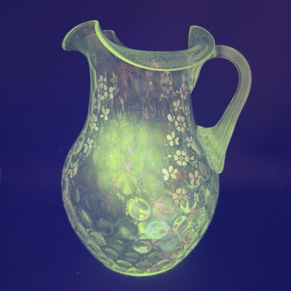 Antique Enameled Glass Pitcher Jug Hand Blown Optic Dot Manganese 365nm Green UV